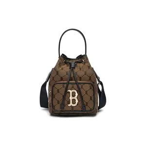 Women's MLB Monogram Retro Boston Red Sox Polyester Bucket Bag, Casual Trendy Handbag, Brown Drawstring Handbag Shoulder Purse