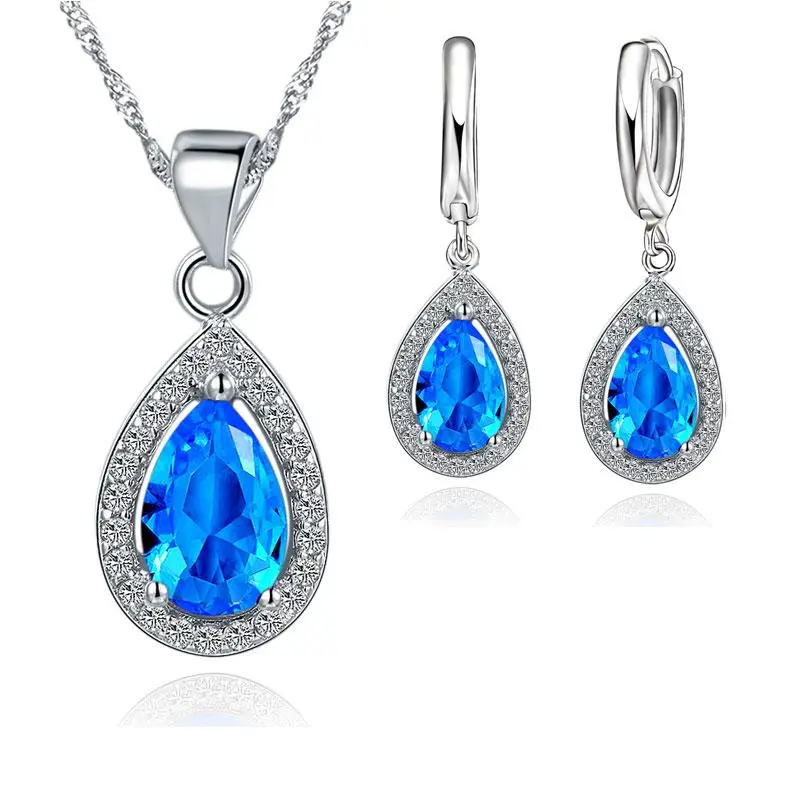 Classic Women Waterdrop Crystal Pendant Necklaces Drop Earring Set For Wedding 925 Sterling Silver Bridal Jewelry Sets