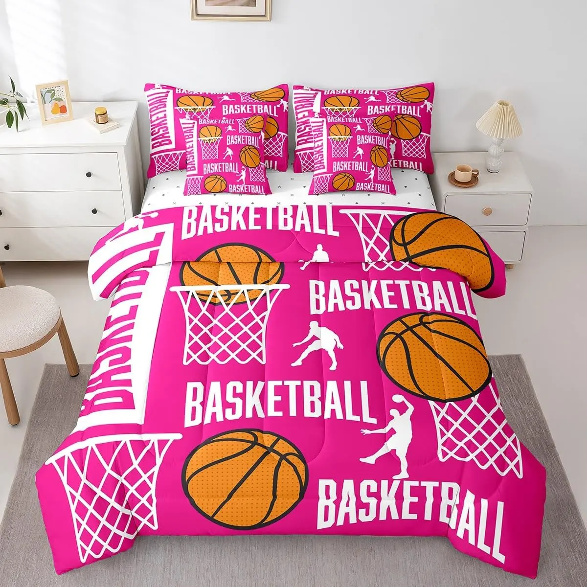 Feelyou 7-Piece Breathable Durable King Basketball Player Theme Bed Comforter Set for Boys - Plum Red Bed-in-a-Bag with Bedsheets, Machine Wash Ideal Gift for Basketball Enthusiasts, Bed Sheets