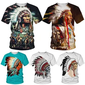 The Latest Men's Sketch Indian Chief O-neck T-shirt Native American Tribal Spirit 3d T-shirt Asian Menswear Short Sleeves Round Neck Polyester Fiber Streetwear Top