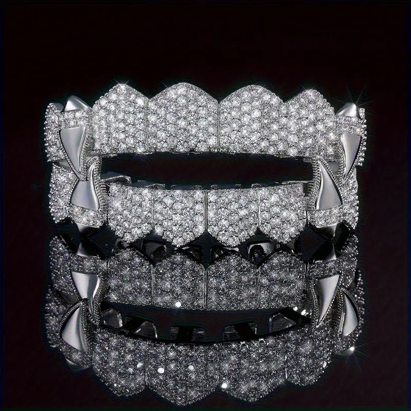 2pcs/set Hip Hop Bling Iced Out CZ Halloween Vampire Teeth Grills Caps for Men Women Top&Bottom Cubic zirconia Golden Silvery Color Plated Tooth Grills Cap Jewelry Oral septum Stainless Steel Floating Belly Button Rings grillz  for  sale