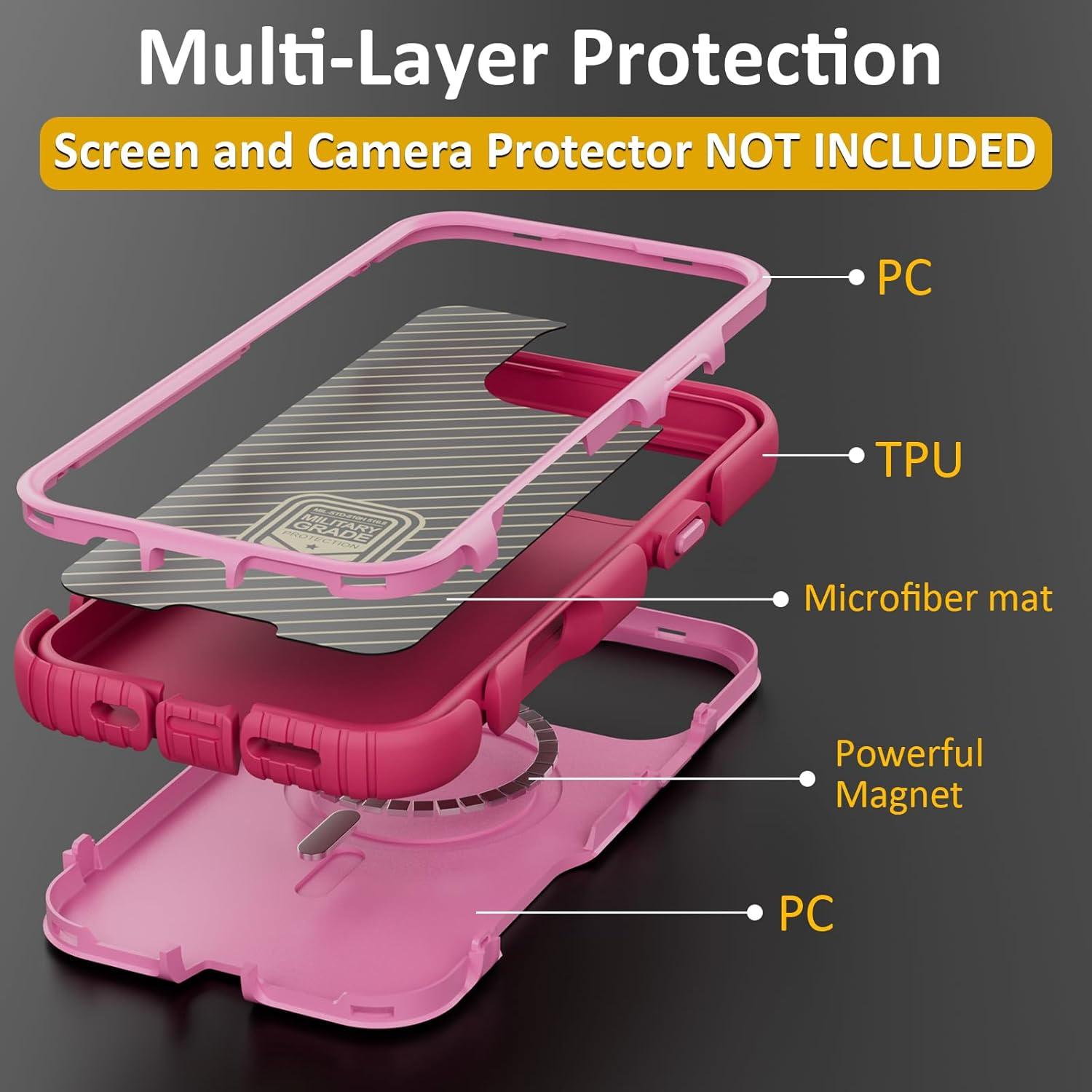 Dual-Layer Durable Phone Case for iPhone 16 Pro Max, 15, 14, 13 - Magnetic Wireless Charging Compatible, Heavy-Duty Shockproof Anti-Drop Automatic Phone Accessories