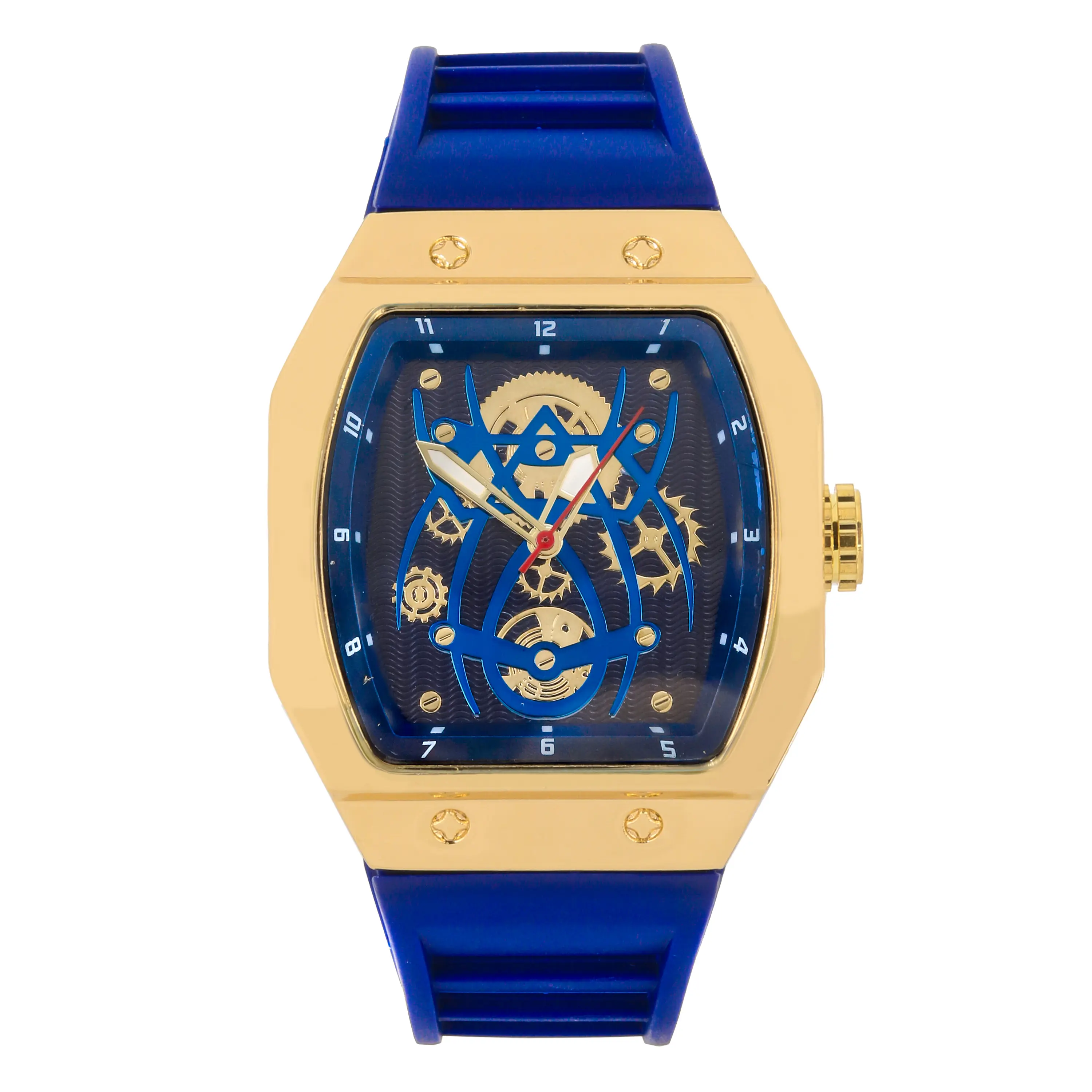 Men's 41mm Blue Tonneau Skeleton Dial Watch – Adjustable Silicone Band, Quartz Movement – Alloy with Coated Finish