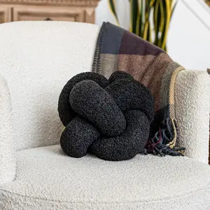 Charcoal Black Teddy Boucle Knot Pillow Ball 12", Permanently Stitched Knotted Decorative Throw Pillow,  Kapok Fill, Round Accent Pillow for Couch Sofa Bed, Boho  Decor