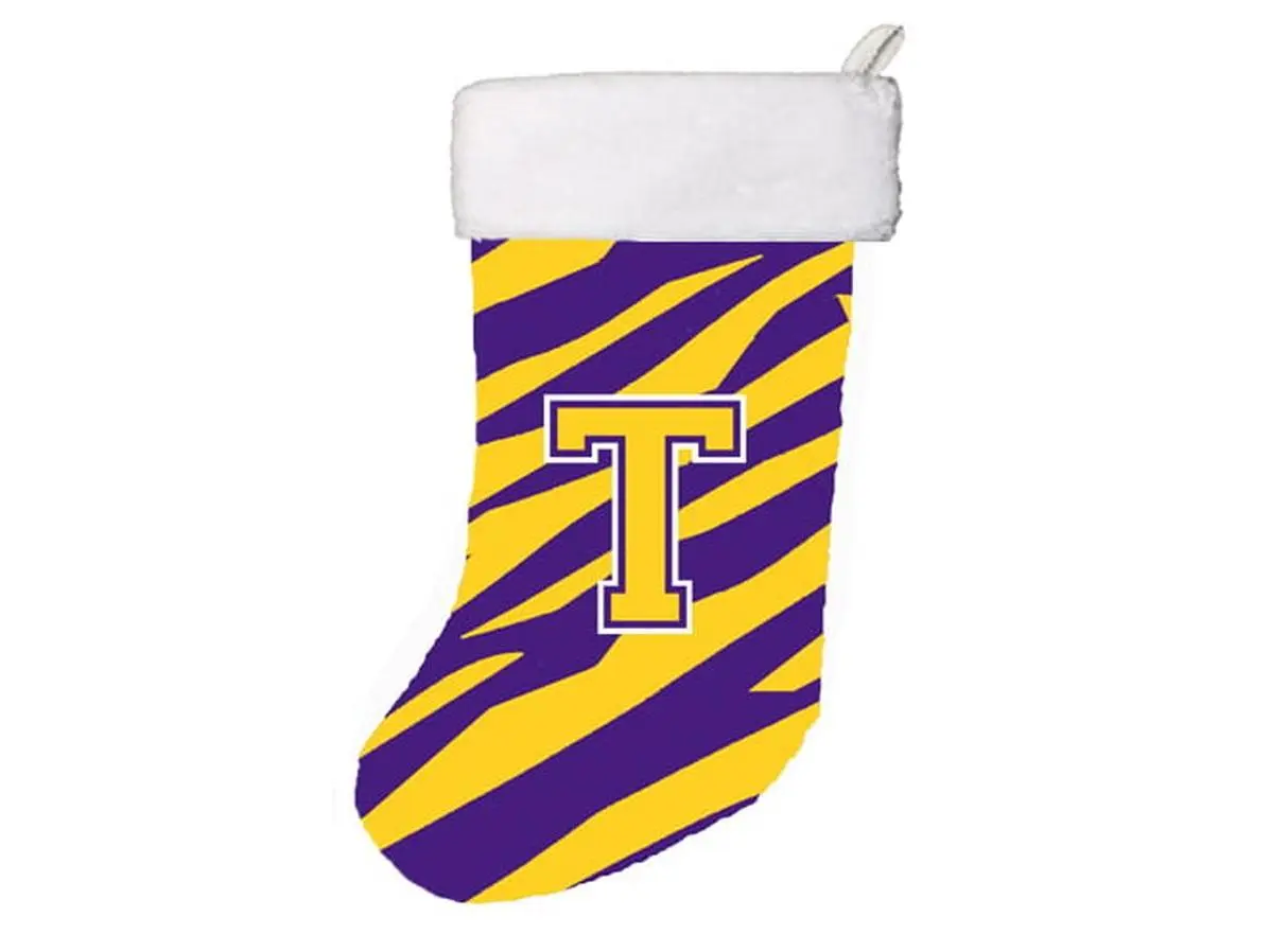 Christmas Stocking, Tiger Stripe Design, Purple Gold Color, Initial T Monogram Artwork, Festive Home Party Decoration Supply
