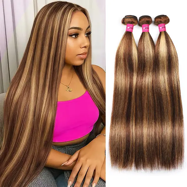 ONEMORE Real Human Hair Weave Extensions, P4-27 Brown Ombre with Honey Blonde Highlights Bundles - Body Wave, Straight, Loose Wavy Wave Pieces, Extensions Hair