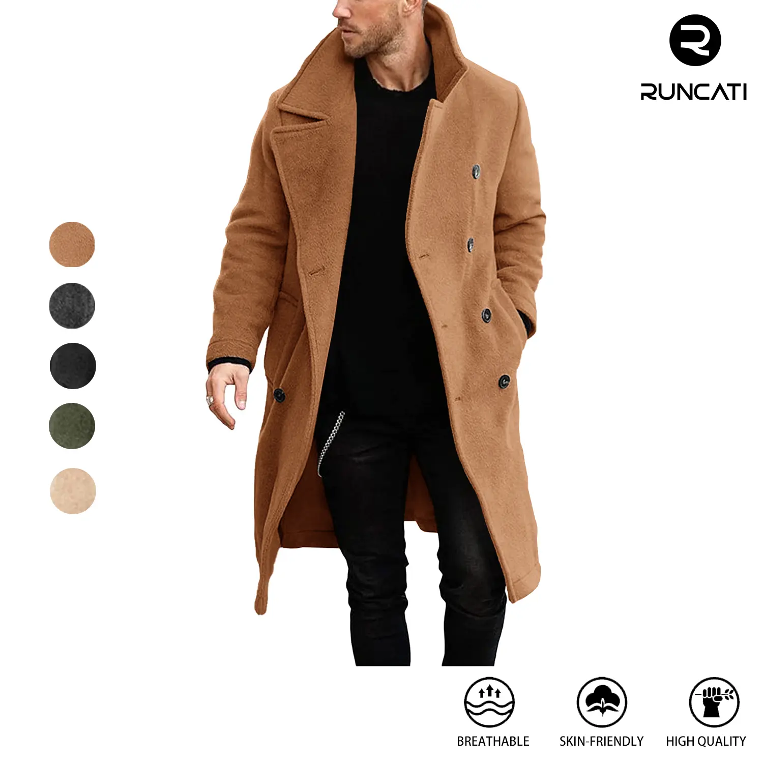 Runcati Men's Double Breasted Trench Coat Casual Lapel Collar Business Winter Long Overcoats