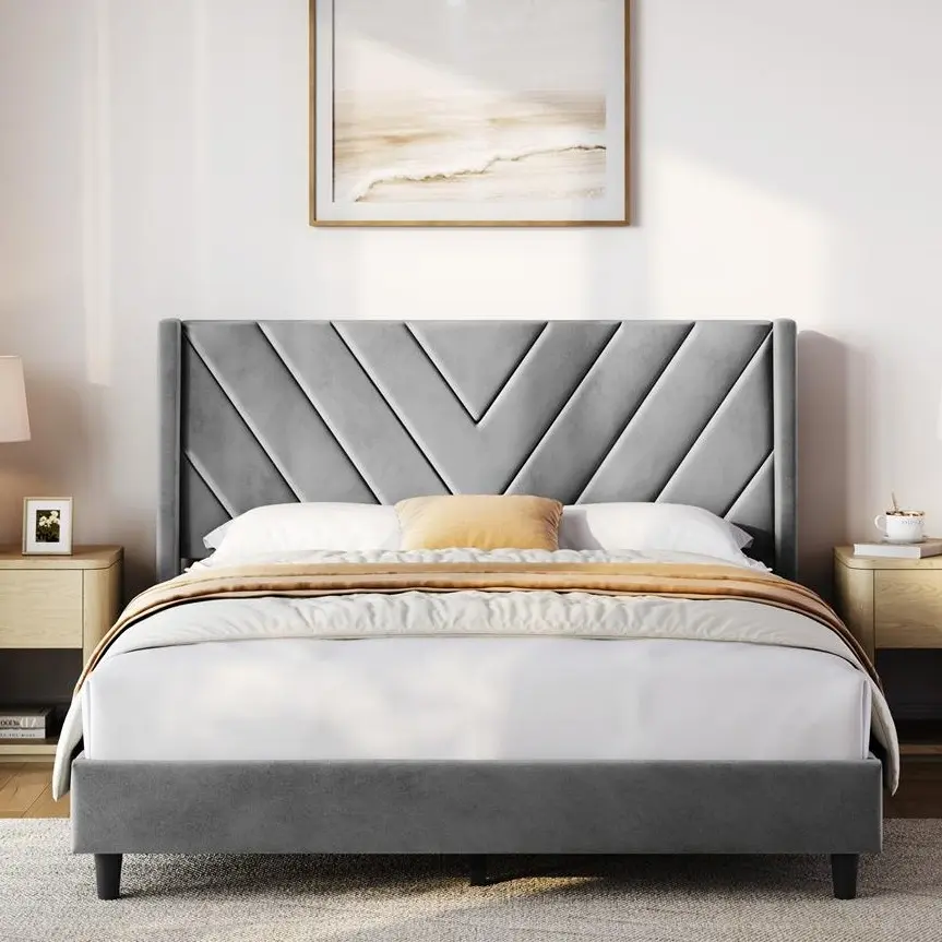 Yaheetech Full Size/Queen Platform Bed Frame - Modern Wooden Wingback Upholstered Diamond Tufted Headboard, Wooden Slat Support, No Box Spring Needed, Durable Construction, Easy Assembly, Modern Wooden Headboard
