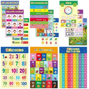 Spanish Learning Posters Set, 16pcs/set Educational Wall Charts for Kids, Classroom Supplies Charts, Cognitive Time Fruits Colors Animals Body, Home Decor Classroom Use, Home Classroom Decorations