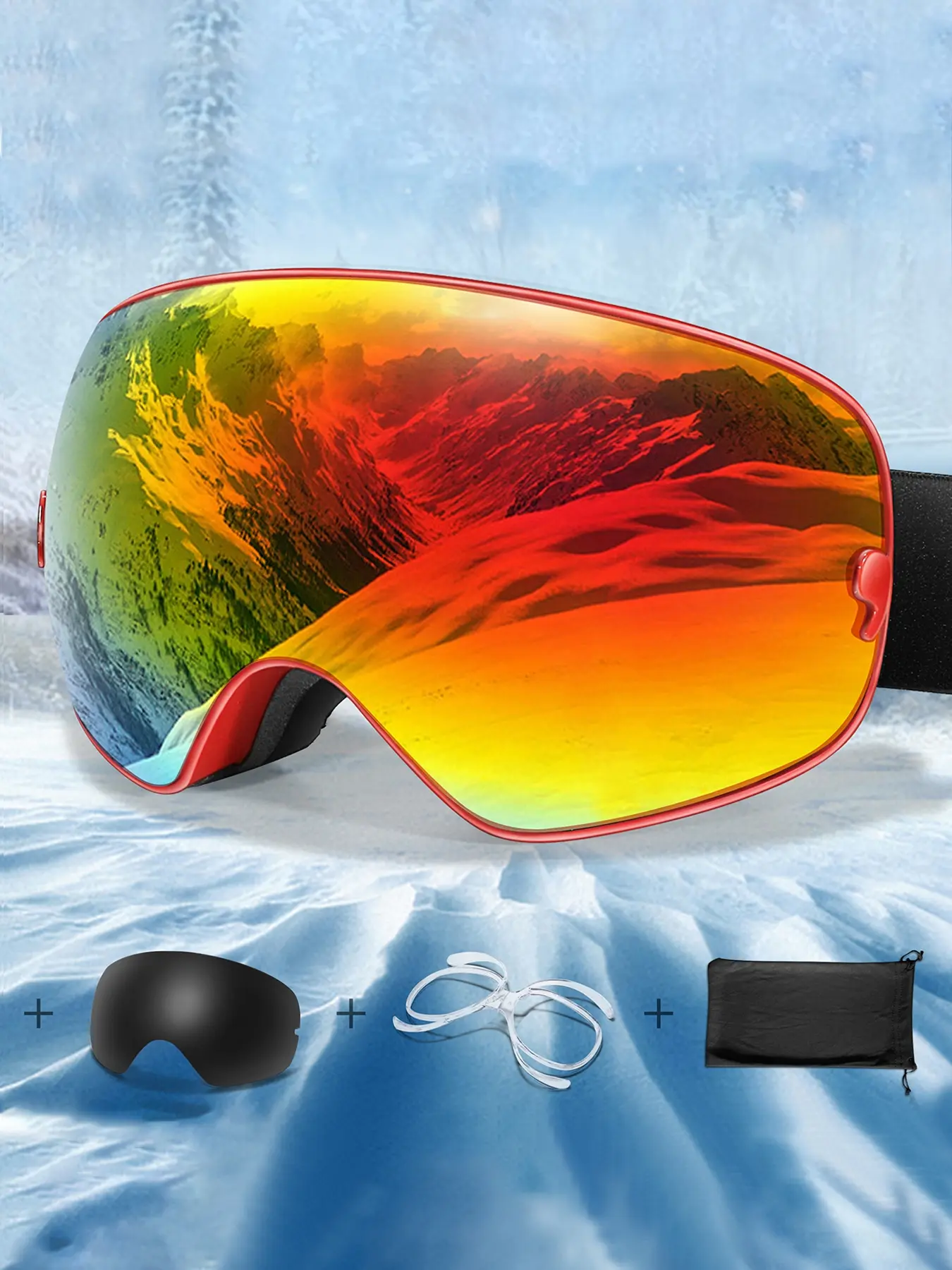 Outdoor Sports Ski Goggles + Replacement Lenses, OTG Snowboard Eyewear, Removable Anti-Fog Lens, UV 400 Protection, Winter Sport Style, Windproof Sports Eyewear