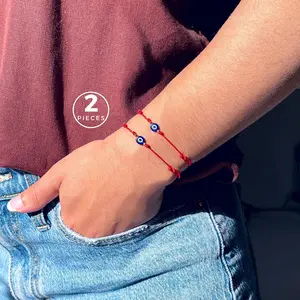 Evil Eye Protection Bracelets for Women - 2pcs Red String Charm Bracelets with Gold Plated Stoppers & Adjustable Length - Kabbalah Good Luck Jewelry