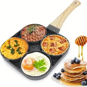4-grid Egg Frying Pan with Wooden Handle, 1 Count Non-stick Egg Frying Pan, Portable Egg Burger Pan, Nonstick Egg Pan, Durable Kitchen Cookware for Home Use