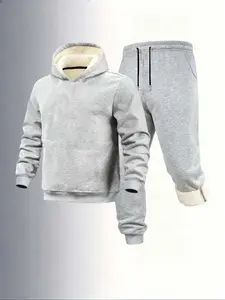 Men's Winter Fleece Thick Set, Hooded Sweatshirt + Casual Long Pants, Comfortable Fashion Design, 2 Piece Set, Fall & Winter