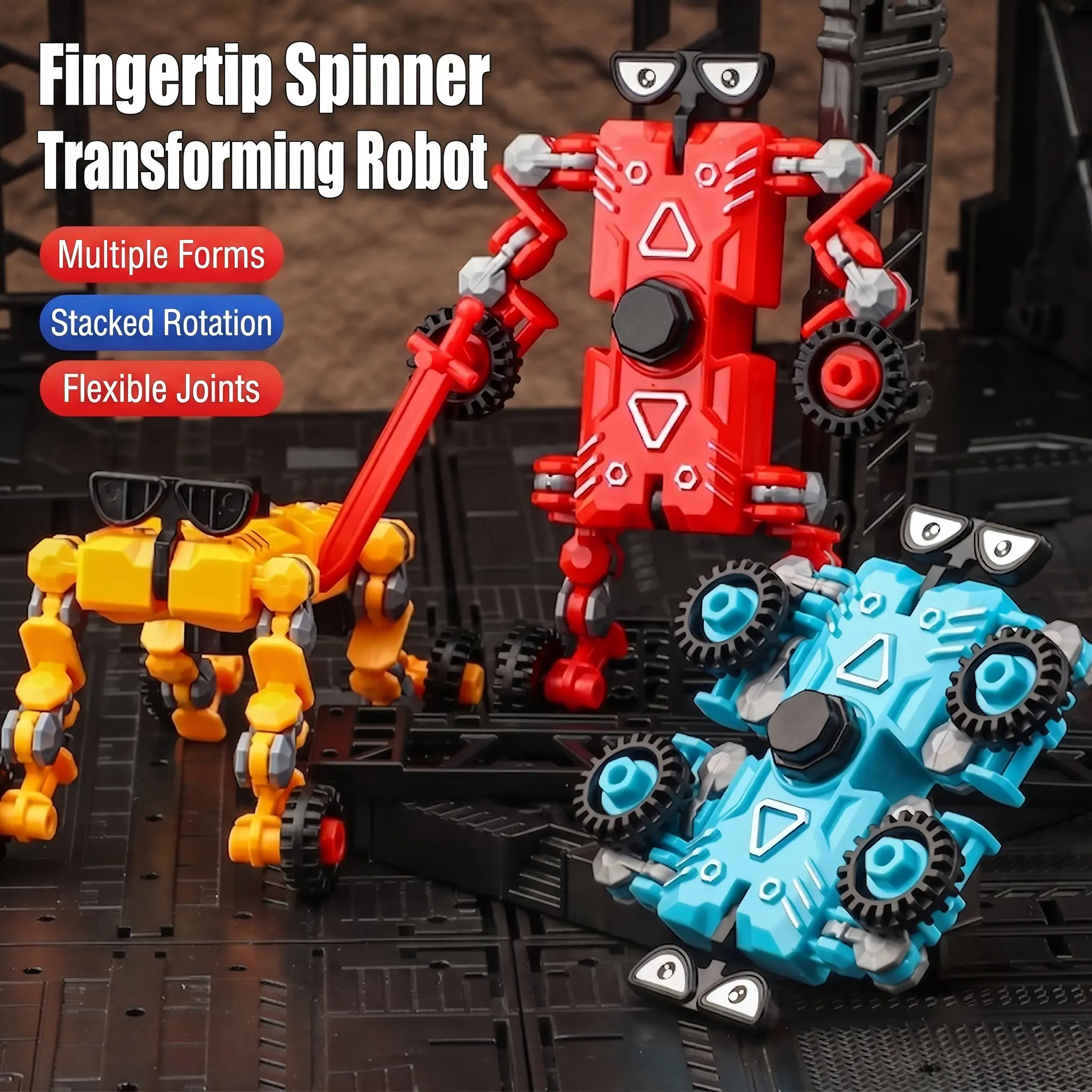 3PCS Plastic Deformable Fingertip Spinner Robots - Multi-Form Fidget Tool with Flexible Joints, Stacked Rotation Stress Relief Toy for 6-8 Years Kids, ADHD Users