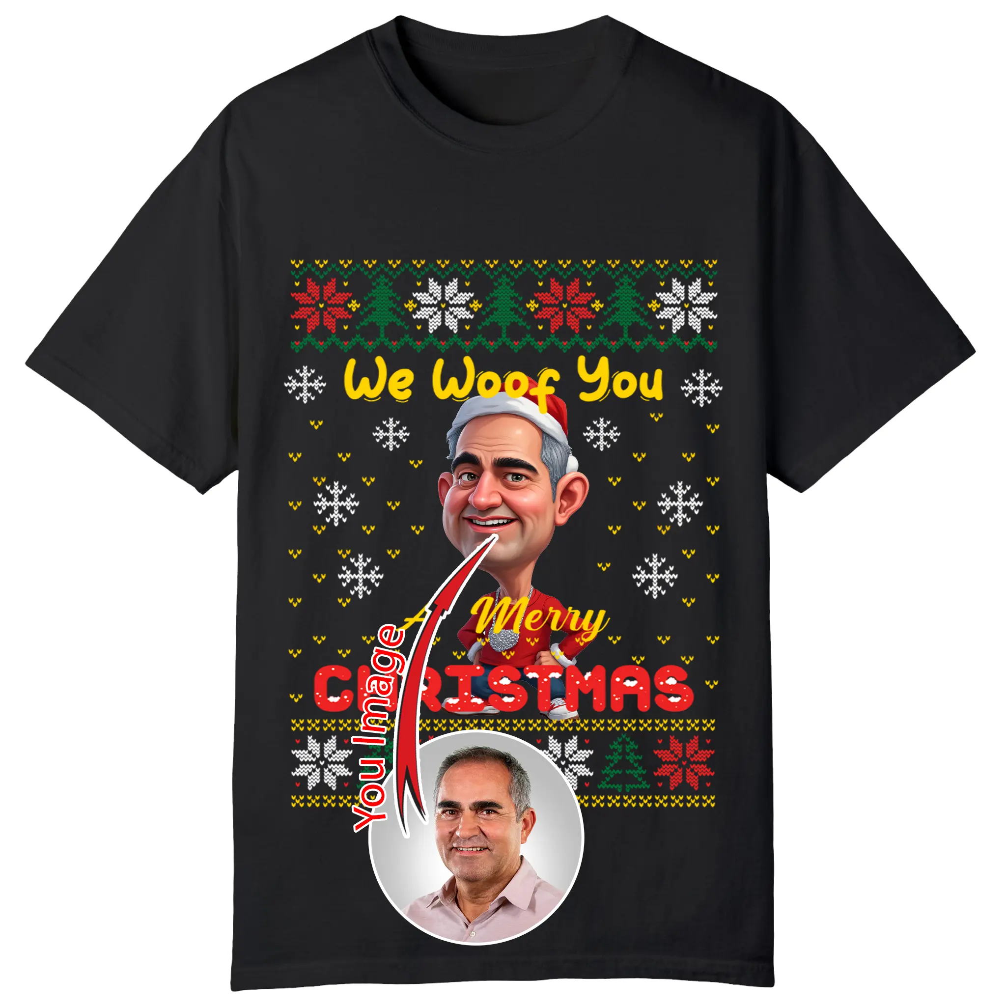 Personalized Face Caricature Christmas T-Shirts – The Perfect Way to Spread Holiday Cheer with a Custom-Made Gift. Funny and Unique Christmas T-Shirts Featuring Your Face and Pose in a Festive Design Menswear Top