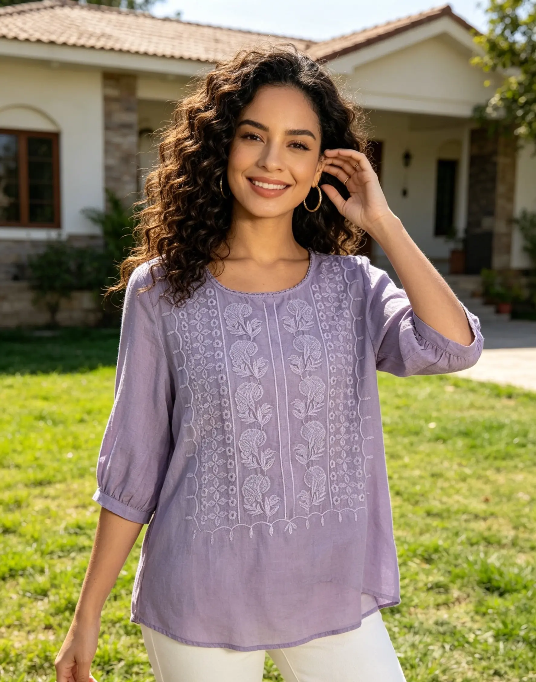 Women's Casual Vintage Blouse, Lightweight Summer Top with Intricate Embroidery, Breathable Cotton-Linen Blend, Loose Fit, Round Neck, Mid-Length Sleeves