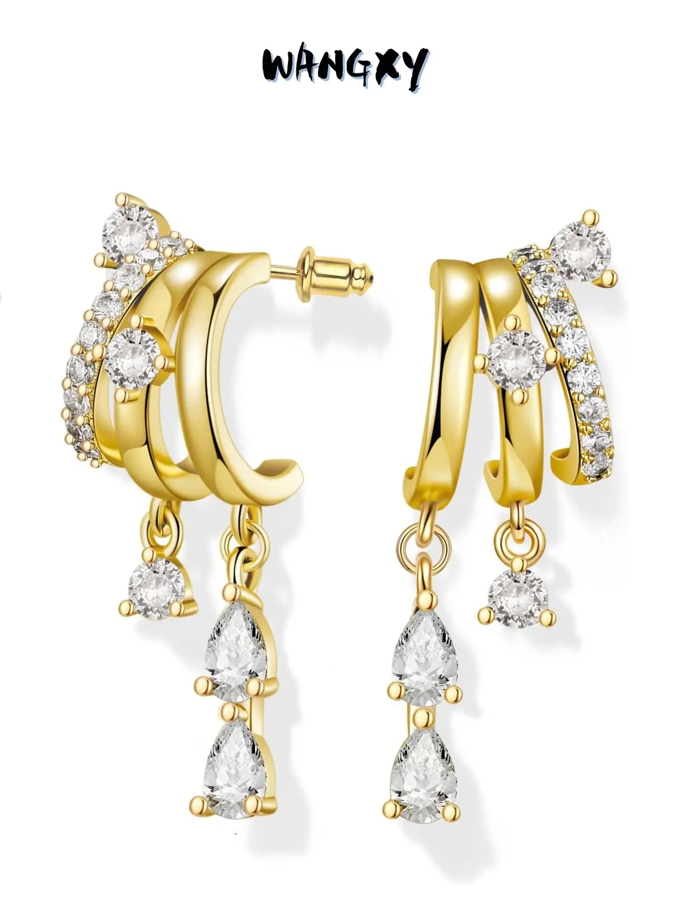 WANGXY 18K Gold Plated Triple Huggie Stacked Earrings for Women Gold Chain Drop Dangle Earrings Cute Statement CZ Earrings Trendy Dainty Jewelry Gift Huggie Hoop Earrings Stackable Earrings