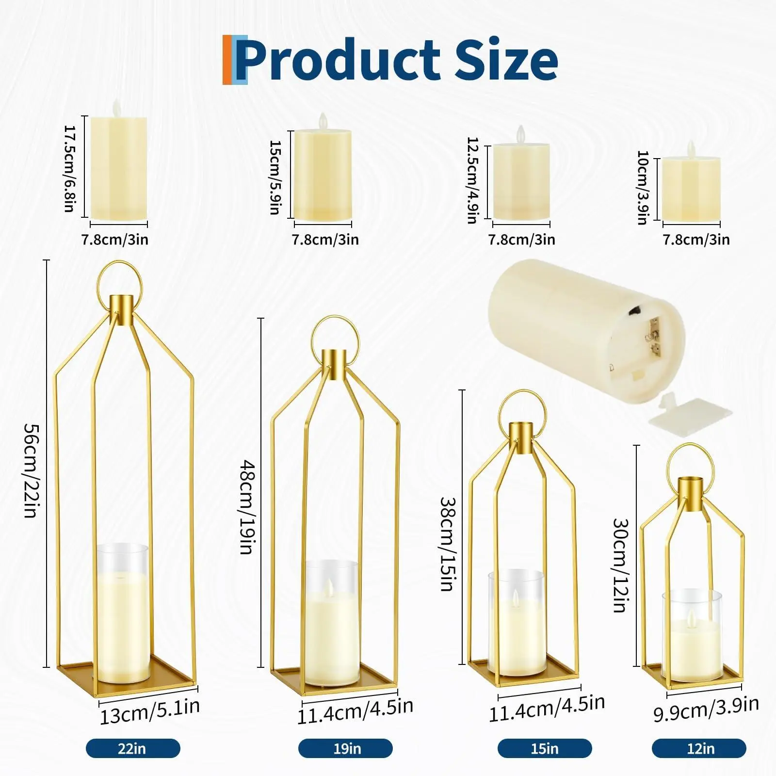 Candle Stand With LED Real Wax Candles, 3 Set Deco Modern Candle Holder Wind Lights For Living Room Windowsill Outdoor,Gold,30+38+48cm