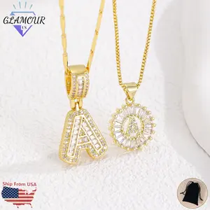 2 Pack Initial Letter Pendant Necklaces Trendy 26 Alphabet A-Z Stainless Steel Cubic Zirconia Round Pendant Elegant Layering Chain for Women