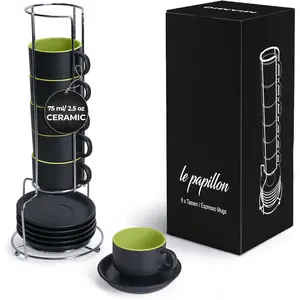 - 2.5 oz Espresso Cup Set with Saucers Set of 6 - Ceramic Coffee Mug Stackable Espresso Mug with Stand for Coffee Drinks, Latte, Cafe Mocha - Le Papillon Collection (Green)