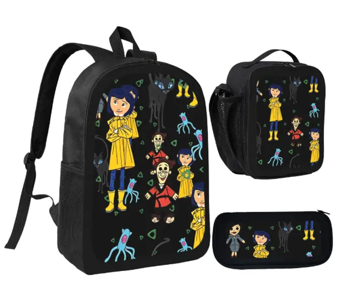 Coraline Cartoon 3PCS Backpack Set, Kids School Bookbag with Insulated Lunch Box & Pencil Case, Horror Animation Student School Kit