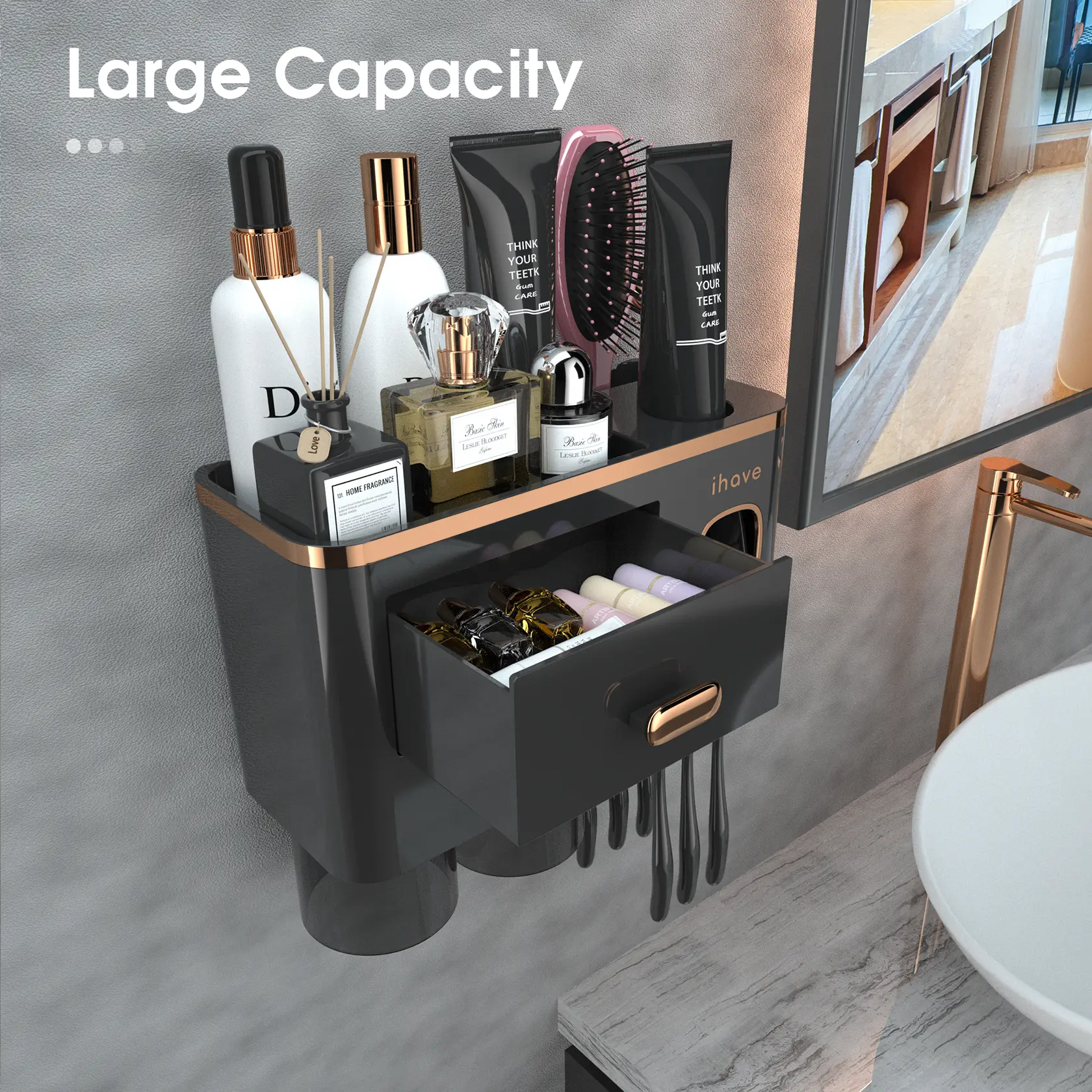 iHave Modern Black Gold Wall-Mount Toothbrush Organizer Set - 3 Magnetic Cup Snap, Auto Dispense Toothpaste Squeezer, Large-Capacity Tray, Cosmetic Drawer, Adhesive Tape Install, Waterproof Self-Draining Bathroom Home Accessory