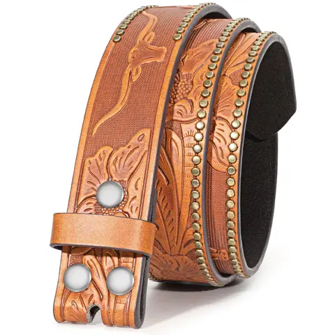 Unisex PU Leather Cowboy Western Belt - Engraved, Embossing Floral Design, Casual Fashion Accessory for Jeans Pants, All-Year-Round Wear, Stay-Dry Feature, Cowboy Belt