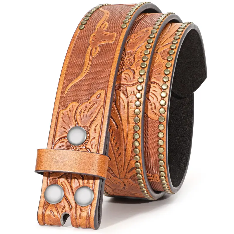 Unisex PU Leather Cowboy Western Belt - Engraved, Embossing Floral Design, Casual Fashion Accessory for Jeans Pants, All-Year-Round Wear, Stay-Dry Feature, Cowboy Belt