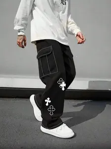 Menswear Cargo Pants, American High-Street Men's Geometric Cross Print Trouser, Contrasting Topstitching, Multiple Pockets, Drawstring Waist, Loose Straight Wide-Leg Fit, Breathable Skin-Friendly Comfortable Non-Restrictive, All Seasons Everyday Outwear,s