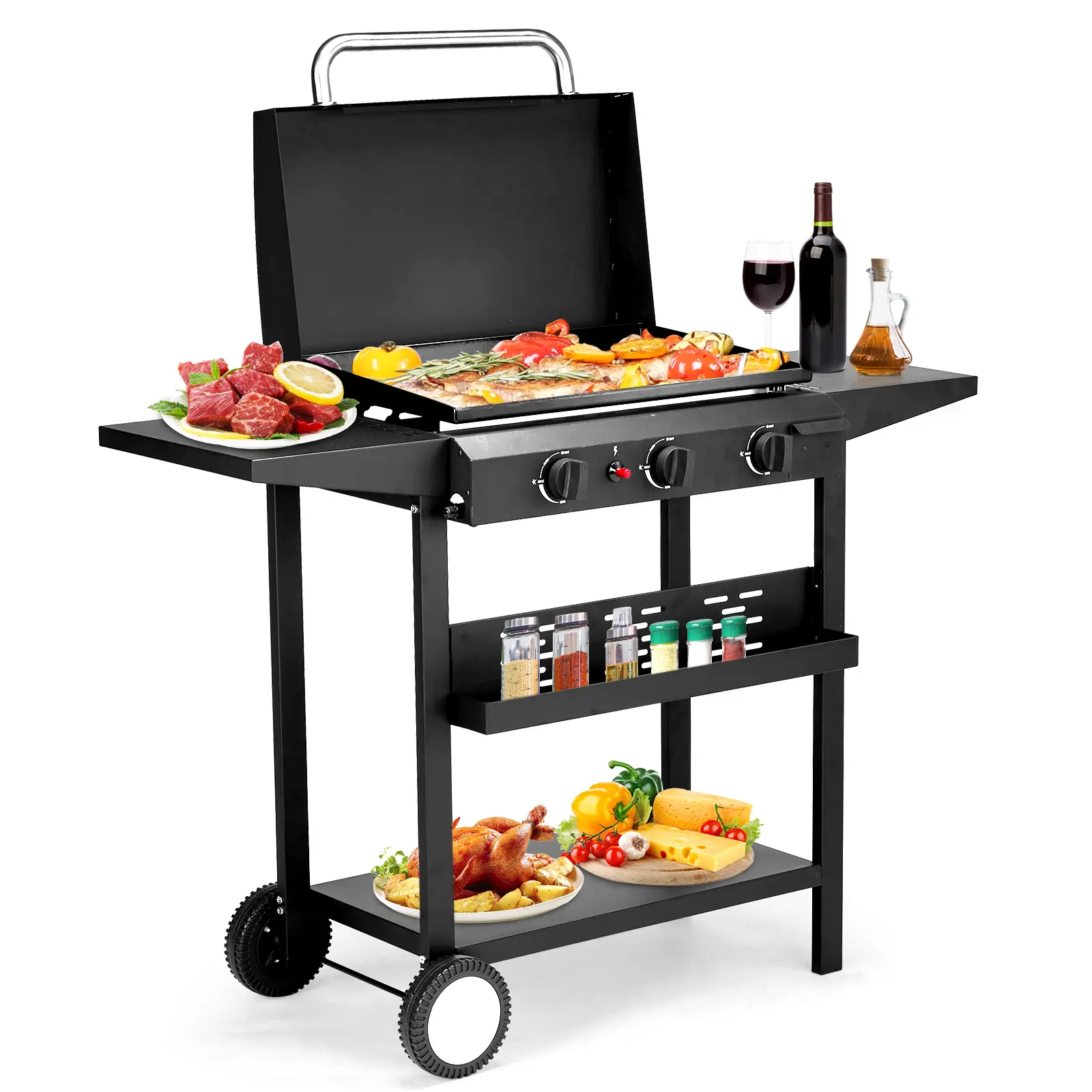 30,000 BTU 3-Burner Gas Griddle with Ceramic Coated Cast Iron - Flat Top Propane Grill for Outdoor BBQ with Spice Rack & Side Shelves