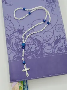 Catholic Rosary, Susan, Prayer Beads, Cross Necklace, White with Blue Beaded Necklace
