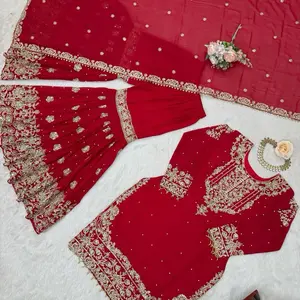 Lunchtime for new colors of the bridal sharara - Red Bridal Sharara Set with Intricate Designs and Matching Accessories