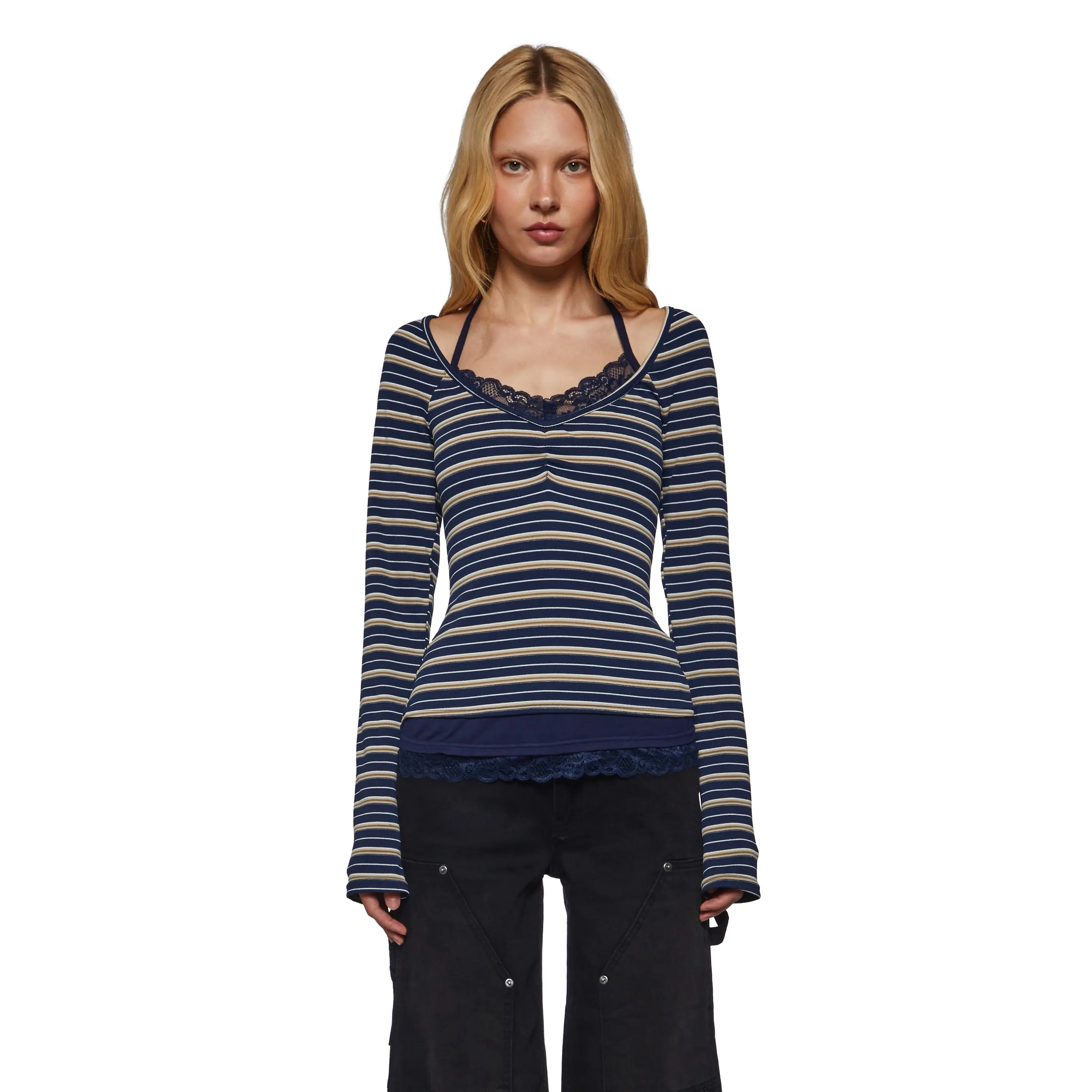 Angela Stripe Layered Cami Long Sleeve - Blue