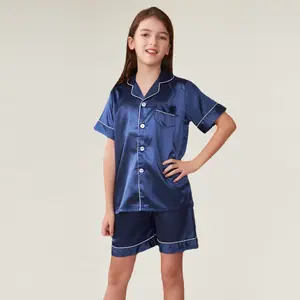 Premium Satin Pajama Set for Kids Baby Boys Girls Button-Up Loungewear Nightwear Gifts for Kids Shorts Casual Round Neck Pajamas Shirts