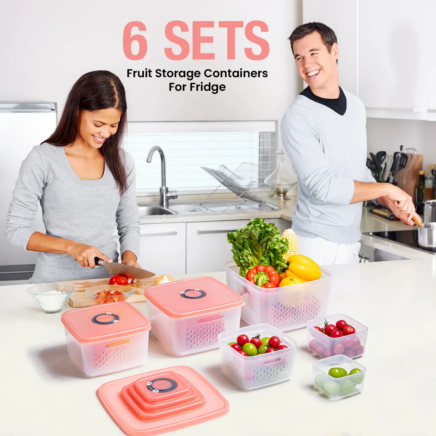 6-Piece Fruit Storage Containers for Fridge with Lids — BPA-Free Produce & Salad Keeper with Removable Colanders, Dishwasher & Microwave Safe, Multi-Size Meal Prep & Lettuce Saver