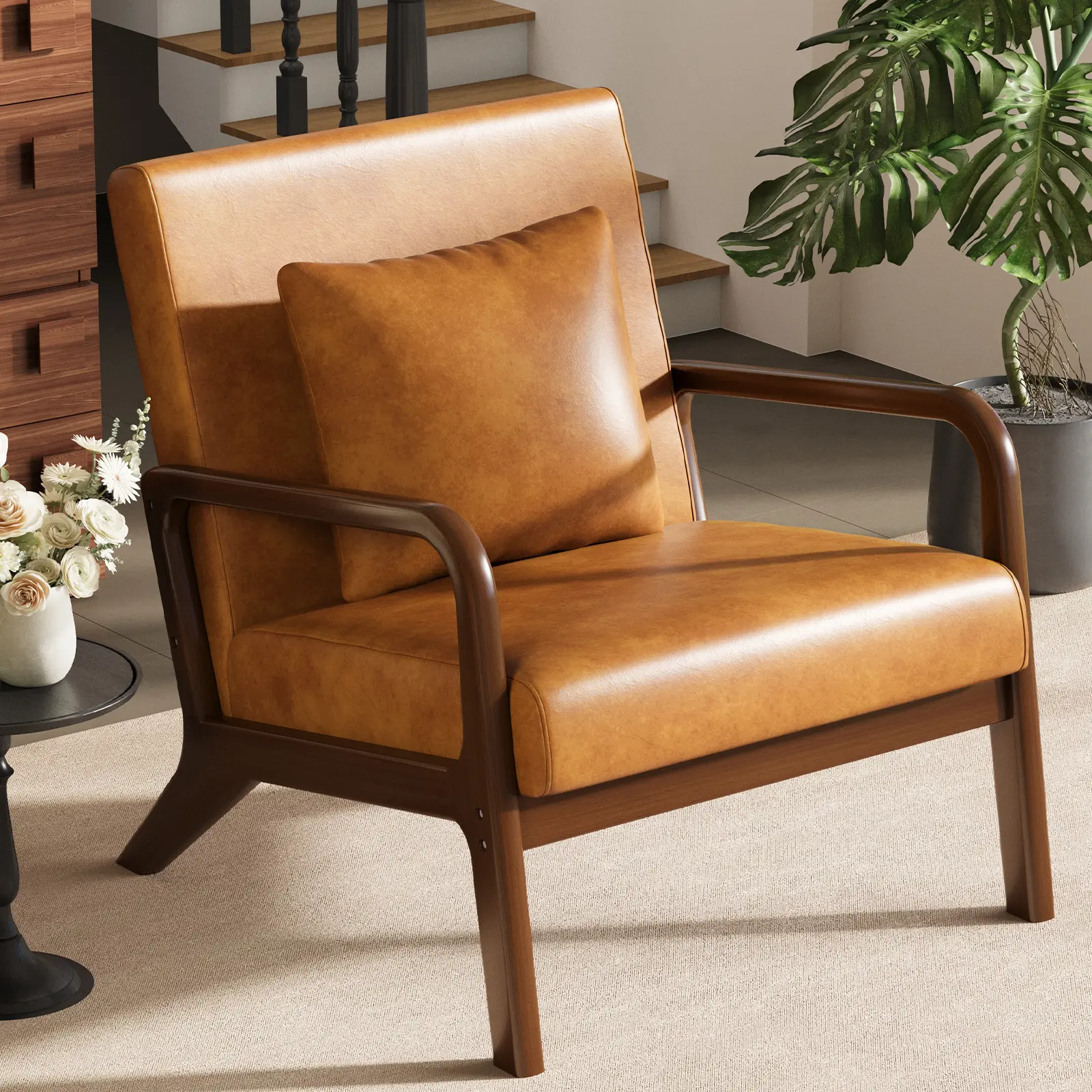 ABCASA Mid-Century Premium Faux Leather Accent Chair - Cozy Reading Ergonomic Recliner Chair, PU Upholstered Armchair with Lumbar Pillow & Cushion, Solid Wood Frame for Living Room, Bedroom, Cozy Reading Chair