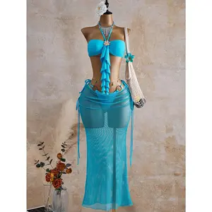 Women's Summer Beachwear Fashion Beach Vacation Halter Tie Bikini Set With Metal Flower Accessories, Sheer Mesh Maxi Women Vacation Outfit Sets