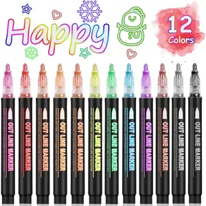 Double Line Outline Markers 12 Colors Super Squiggles Glitter Self Outline Metallic, Doodle Shimmer Drawing Pens for Christmas Greeting Card, Birthday , DIY Art Crafts