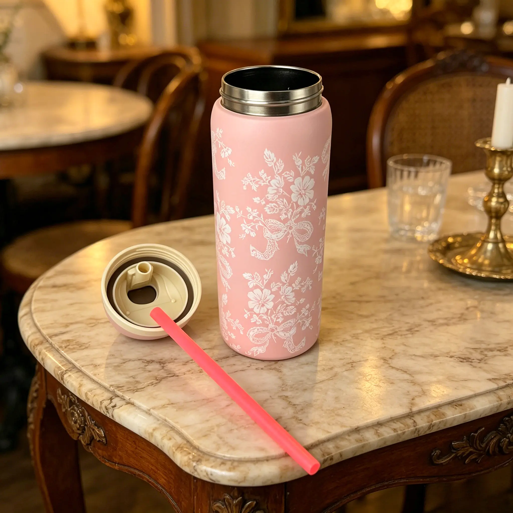 Aesthetic Lace Blush Pink Vacuum Flask Tumbler - 32oz/945ML Portable Freesip Water Bottle with Straw, Loop Lid, Leak-Proof, 24+Hr Temperature Retention (Keeps Drinks Cold for 24 Hours), Suitable for Camping, Work, Bisphenol A (Bpa)