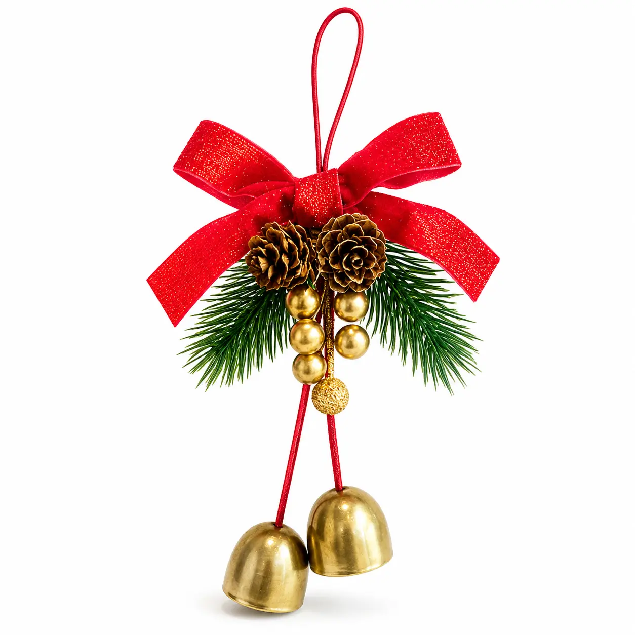 Christmas Bell Ornament with Red Velvet Bow, Pinecone & Pine Sprig - Christmas Tree Hanging Decor for Home, Door Use
