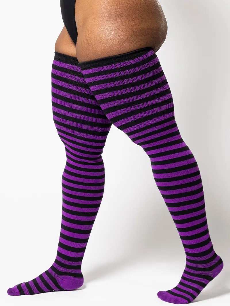 Thunda Thighs Tubbies Full Stripe Plus Size Thigh High Socks Women's Lightweight Cotton Blend Stretch Machine Washable
