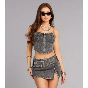 No Apologies Denim Lace Trim Crop Top