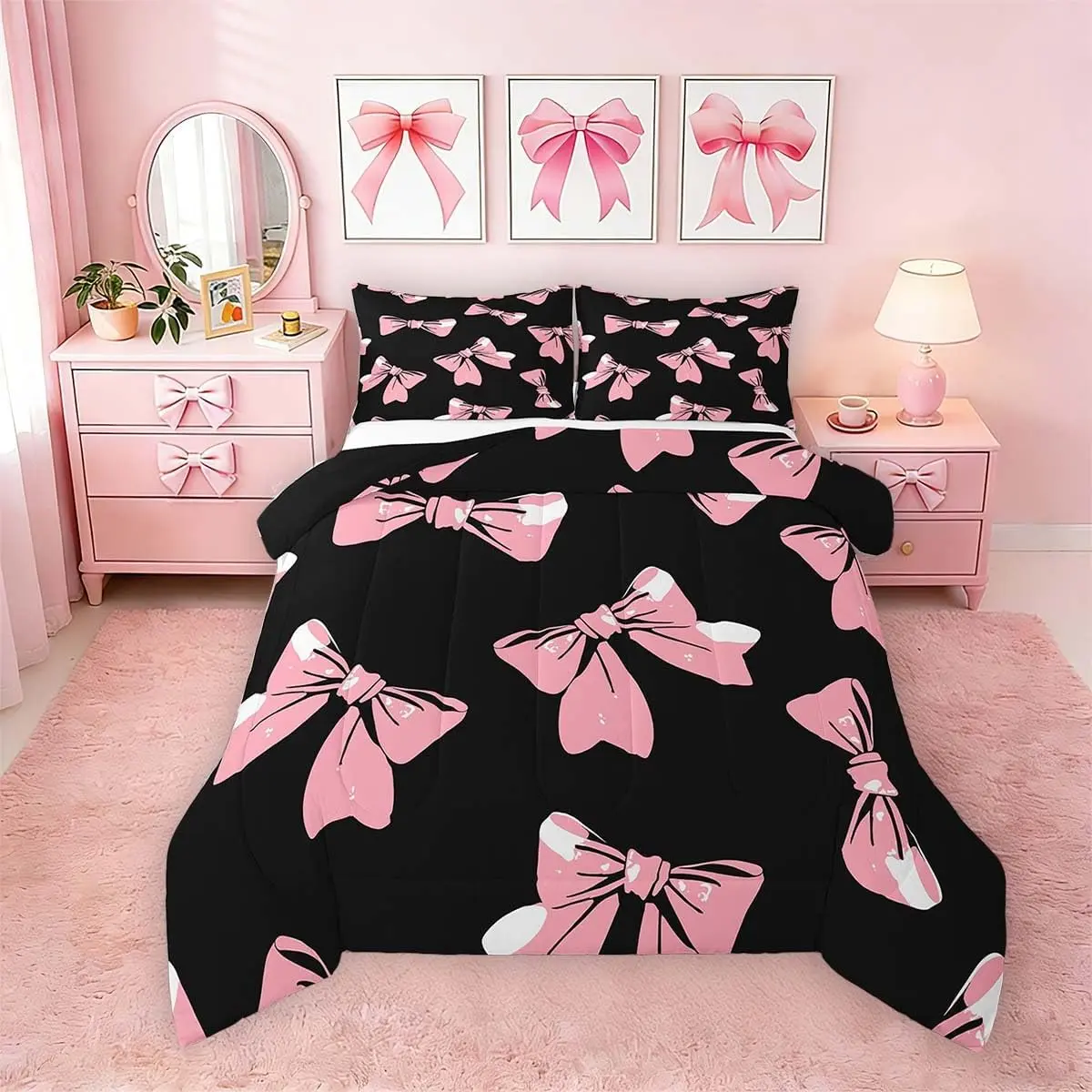 Kids Bowknot Comforter Set Toddler Bow Bedding Set Boys Girls Fairy Princess Themed Quilt Set Black Pink Bed Set