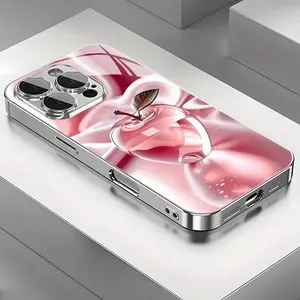 A beautifully designed pink crystal apple high-end pattern glass electroplated phone case with lens protection, suitable for iPhone 16 15 14 Pro Max 13 12 11 Xs Max series, featuring an attractive appearance