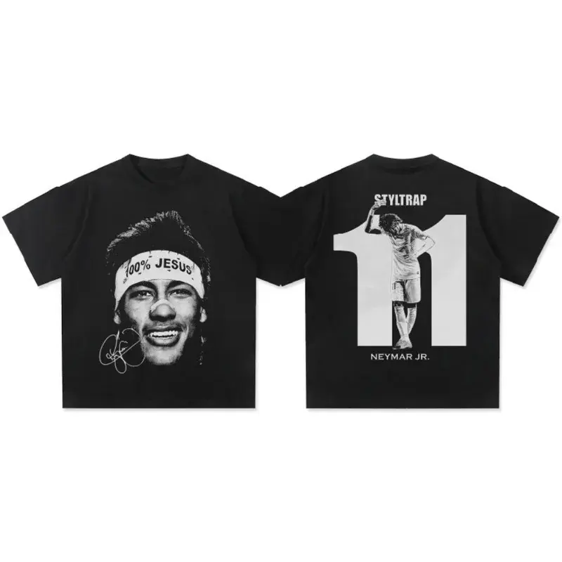 Men's Neymar Print Short-Sleeve T-Shirt - Retro Soccer Streetwear, Soft Breathable Cotton Tee for Casual Daily Summer Wear (Pair with Joggers), Shortsleeve, Menswear, Football, Fabric, Mens Clothing, Graphic Clothing