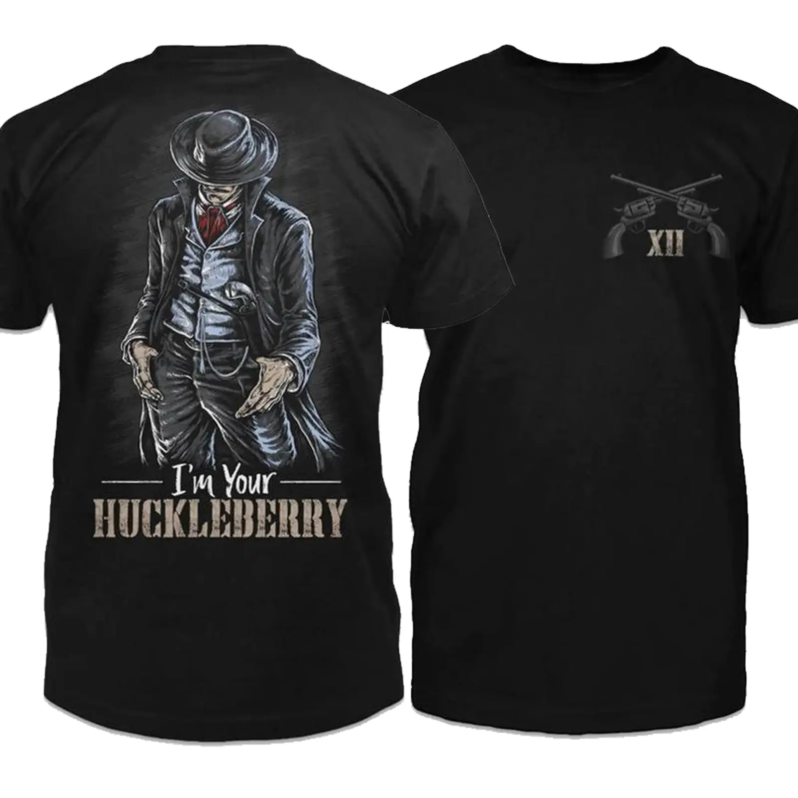 Doc Holliday Collection Cotton Round Neck Short-Sleeve Casual Apparel, "I'm Your Huckleberry" Val Kilmer Tombstone Movie Quote Cowboy T-Shirt, Full Size, Full Color (For Tombstone Fans), Shortsleeve, Top