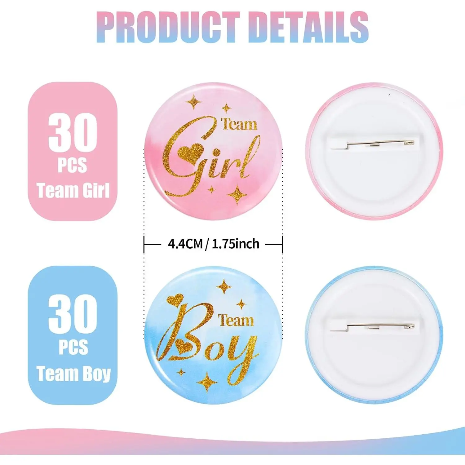 Reusable Glittery Metal-Plastic Gender Reveal Button Pins with Safety Clasps, 60Pcs 4.4cm/1.75in Cute Team Boy-Girl Photo Booth Props & Favors for Baby Shower Games, Party Supplies, 4.4 Cm