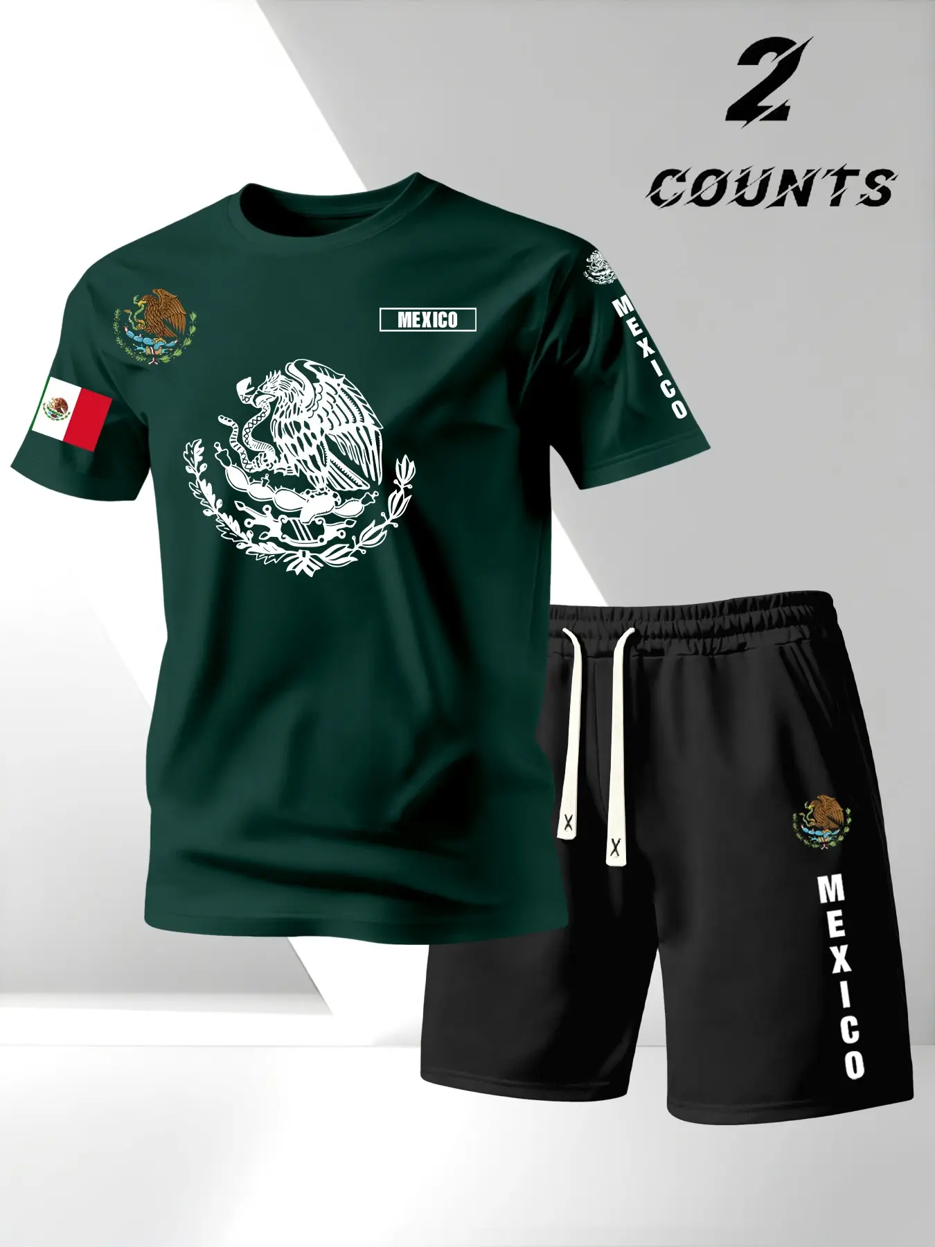 Summer Bestseller Men's Fitted 2-Piece Set Sportswear Shorts Set, Casual Sports Style, Mexican Eagle Snake Pattern, Round Neck Short Sleeve Tee + Pocket Track Shorts, Casual Daily Wear, Gift for Husband/brother, Menswear