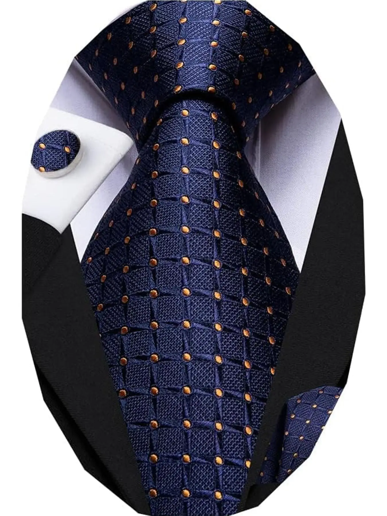 Men's Classic Business Tie, Stylish Tie Design, Deep Blue Plaid Pattern, Dot Details, Elegant Wedding Formal Wear, Handkerchief and Cufflinks Set