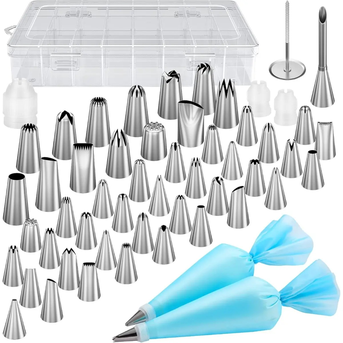 54 Piece Cake Decoration Set, Including 52 Metal Frosting Heads and 2 Reusable Pastry Bags - Food Safe, Easy To Carry and Store, Suitable for Home Baking